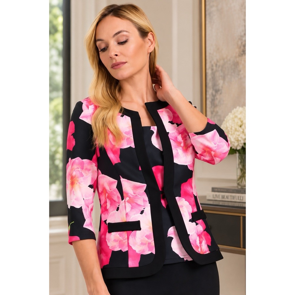 Joseph Ribkoff Floral Soft Knit Blazer Jacket 3/4 Sleeve Sz 10 Pink Art to Wear